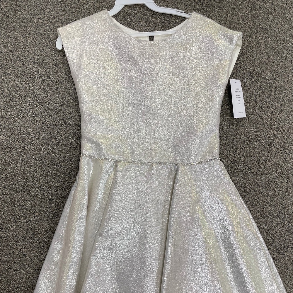 Dolls and Divas Couture Party Dress Cap Sleeve Silver Metallic Rhinestone Belt